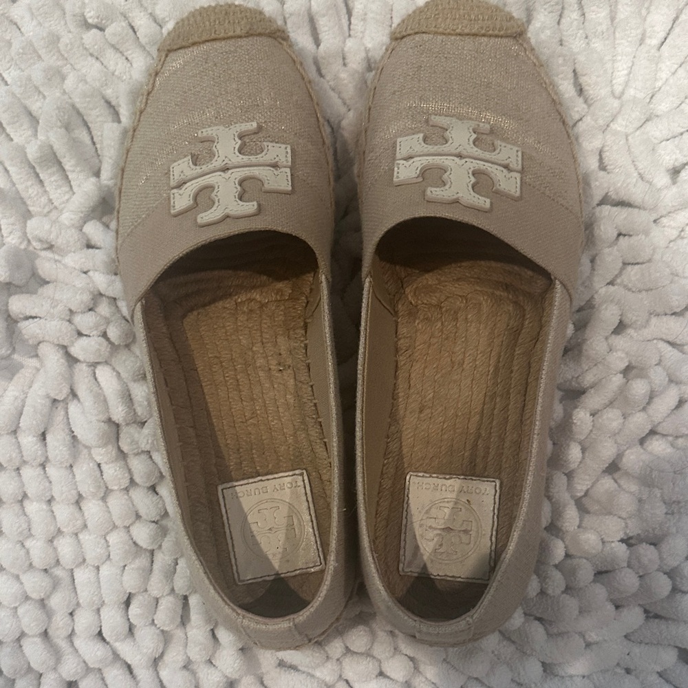 Tory Burch Neutral Beige Canvas Logo Espadrille Flats